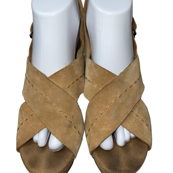 TOMS Women's Sandals Size 8.5 Tan Suede "Ibiza" Platform Buckle Close Open Toe - Picture 2 of 13